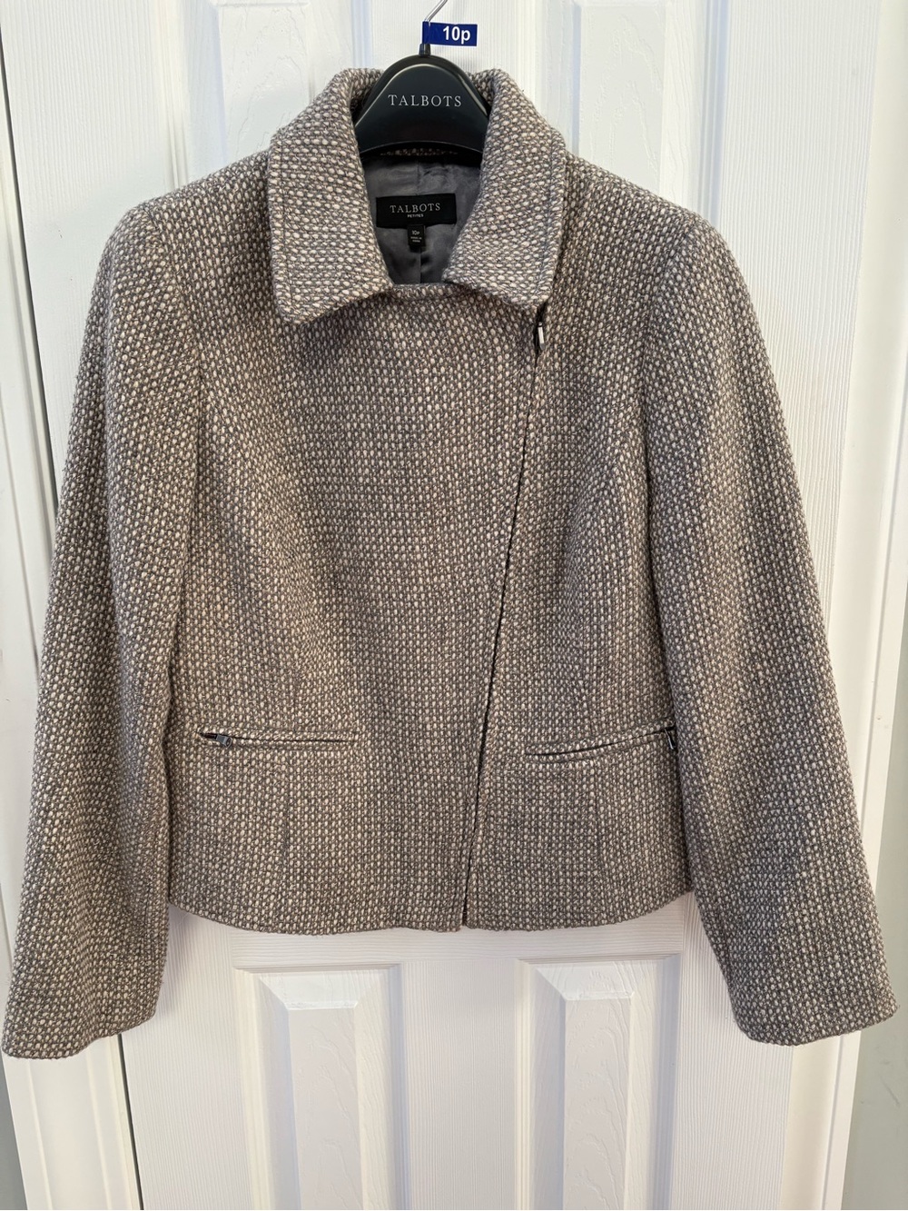 Talbots Taupe & Gray Textured Asymmetrical Zip Blazer